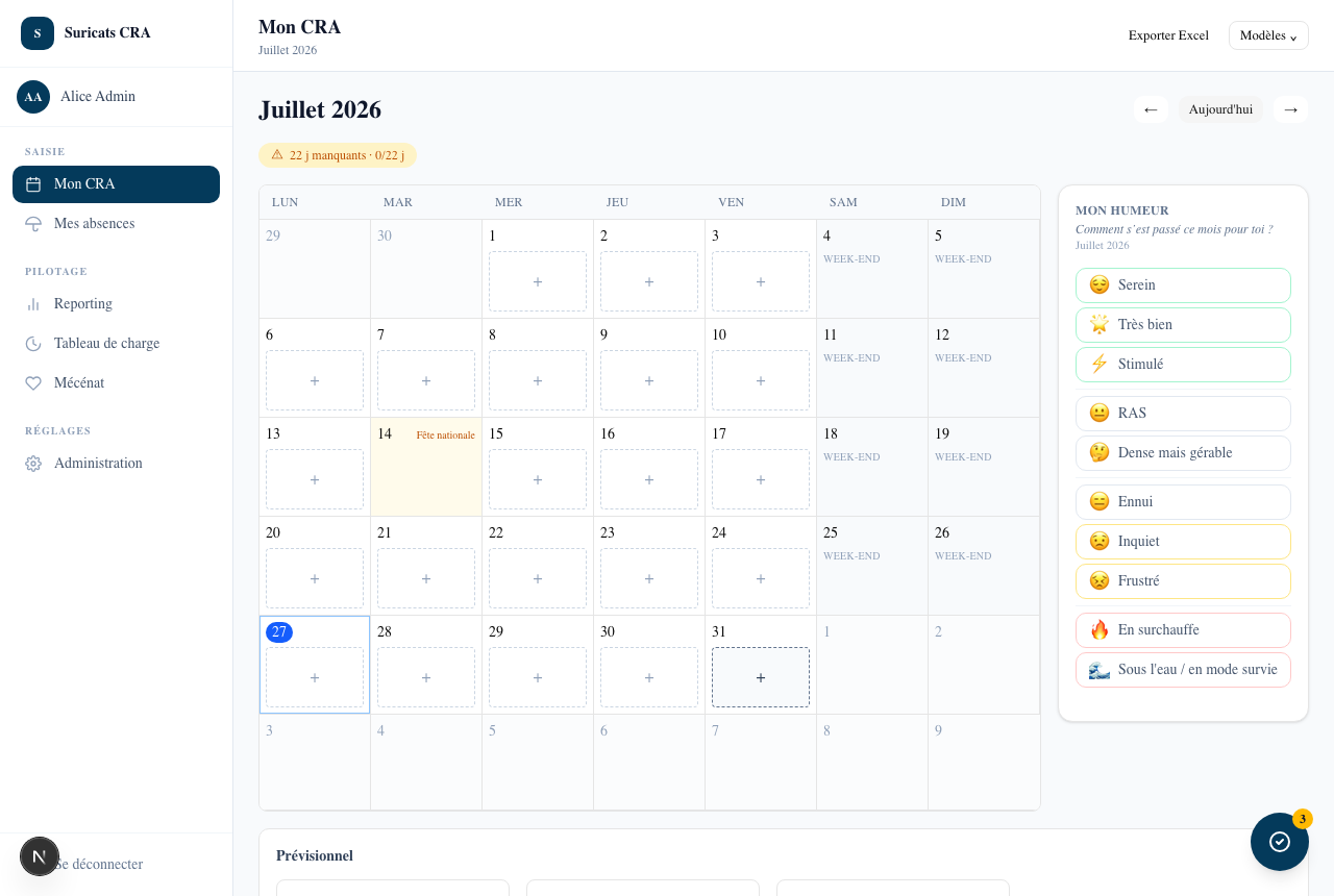 Interface Mon CRA — saisie mensuelle du calendrier